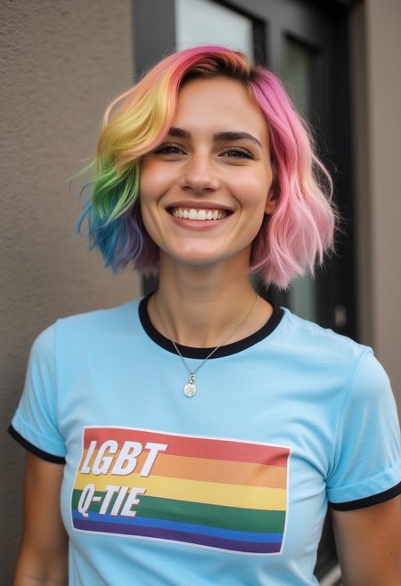 A short rainbow haired transgender smiling at you, wearing "LGBT Q-tie" shirt, male body, female face