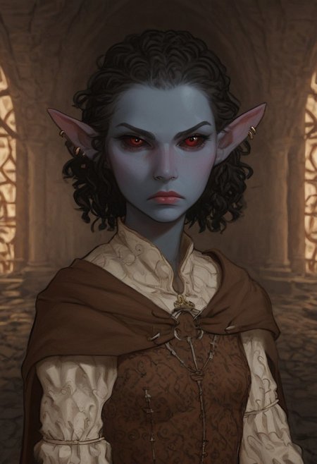safe_pos, solo, short pointy ears, piercings, random elf face, aquiline features, androgenous dark elf, weathered skin, large nose, athletic build,  animated realism, zoomed out, Syrian features, torso, brass pipes and gears, intricate architecture, dwarven masonry, dwemer fixtures, white-green light, gloomy lighting, ancient ruins, interior, stone tiled floor, grey-blue skin, mahogany and ivory clothes, medium armor, bone plate armor, ivory straps and fittings, alien bone ornaments, grey wood neckguard, dark red sclera, black pupils, distant mushroom forest, blue-green light, neon, highly detailed, defined features, looking at viewer, three quarters view, from front, dynamic lighting, 18 years old, light and shadows, patterned cloth, annoyed expression, expressive eyes, detailed medieval clothes, small_breasts, short hair, wavy hair, thick hair, beaded hair, braided hair, under cut hair, semirealistic, alien elf, spanish features, jewish features, black hair, dark red hair, umber skin, sharp features, pastel green berber print cloak, nighttime, high detail, absurdres, pretty eyes, detailed eyes, red eyes,