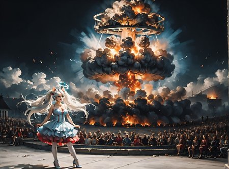 score_9, score_8_up, score_7_up, full body image, environment interaction, dancing alone,  <lora:Kirsche:1>(kirsche, twintails, long hair, fluffy hair, cherry hairornaments, white hair, animal ears, large breasts, halo), vampire dress, black details, red lining, Black hair, white highlights, <lora:Nuclear_Explosion:1> Nuclear Explosion, Blue Nuke in the Background, A skulls throne, darkened by time and decay, the growing black tendrils sprawl in technological terror,highly detailed