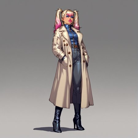 <lora:Dmitrys_Style_v2_PonyXL:0.8>, by dmitrys, dmitrys, score_9, score_8_up, score_7_up, score_6_up, score_5_up, score_4_up, source_anime, source_cartoon, rating_safe, 1girl,  boots, coat, dyed-hair, eyeshadow, gloves, high heel boots, hoop earrings, lipstick, makeup, female, trenchcoat, twintails,  detailed background, in the swiss alps, leaning