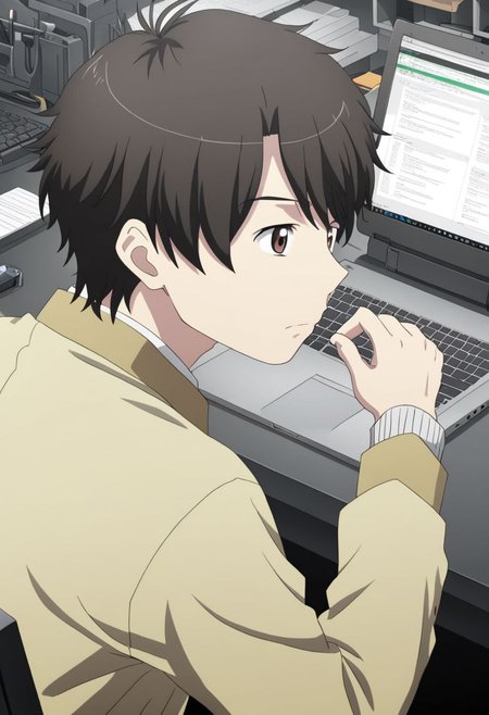 high resolution, solo, best quality, 1Boy, Inaho Kaizuka, Black Hair, Brown Eyes, worker, working, workstation, concentration, focus, laptop, OverallDetail