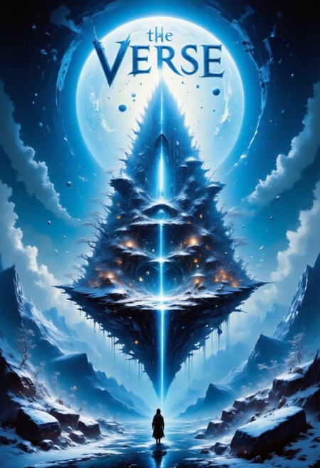 A bold book cover with large text:"The Verse" in a futuristic font and the image of, A Journey into a fantasy world during the holidays, where a floating island adorned with magical trees and ethereal creatures creates a breathtaking scene beneath the celestial glow. (Floating island, magical trees, ethereal creatures), (Fantasy realism:1.3), (Ethereal glow:1.4), (Celestial atmosphere:1.5), (Holiday magic:1.5), (Glistening details:1.3), (Whimsical beauty:1.4), (Ultra-high resolution:1.3), (Winter enchantment:1.2), (Crisp and clear:1.2)., aidmaimageupgrader, aidmaMJ6.1, aidmaTextImprover