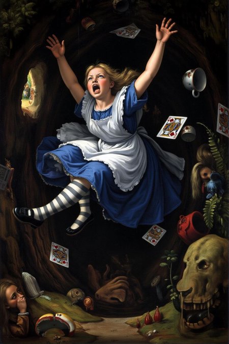 raphael1 painting.
Overhead view of Alice in Wonderland falling into the rabbit hole, with her legs dangling beneath her. She is looking upward, her face filled with shock and terror as she screams. Her blue dress and white apron billow out around her as she tumbles, while her striped stockings and black shoes are visible below. The rabbit hole is a swirling, chaotic mix of vibrant colors, playing cards, teacups, and other Wonderland objects floating around her. Soft glowing light emanates from the tunnel walls, adding an eerie, fantastical feel to the scene. The sense of motion and fear is palpable as Alice falls deeper into the unknown 
 <lora:raphael1_cap_d6a3:1.0><lora:843642971489377118:0>