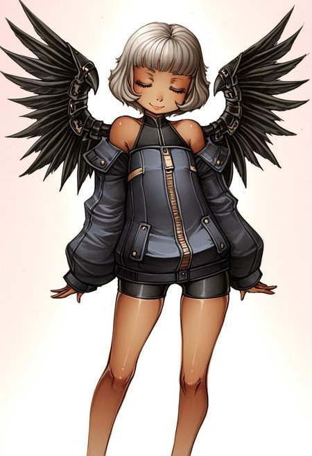 sachsen, soft colors, pastel colors, traditional media, masterpiece, hires, solo, 1girl, skindentation, closed eyes, lips, smile, grey hair, pose, ashy dark-skinned female, bare shoulders, baggy jacket, black feather wings, metallic wings, bike shorts, bare legs, mechabare
