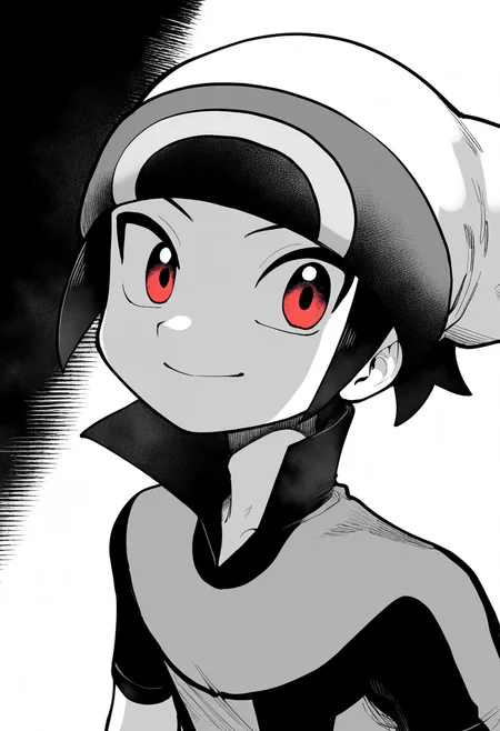 best quality, amazing quality, very aesthetic, absurdres,
greyscale, monochrome,
1boy,brendan \(pokemon\), white beanie, black hair, jacket, popped collar, red eyes, shirt, short hair, short sleeves,
smile, upper body, solo, looking at viewer, simple background, white background,    <lora:PokemonAdventuresNoobLocon_byKonan:1>