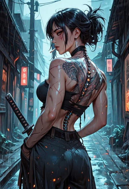 highres, very detailed, amazing quality, masterpiece,
very aesthetic,
particle effect, Cinematic, 
1girl, solo, toned, toned body, scars, slashed clothing, ripped clothing, holes in pants, Black hair, hair up, beautiful, exposed shoulders, exposed back, bionic spine, smoking, cigarette, strong face, angled face, brown eyes, female yakuza, cybernetic katana, bandage top, tube top, large breasts:1.5, looking at viewer, intense glint in eye, beautiful eyes, 
Back tattoo, Dragon back tattoo, 
hands in pockets, baggy pants, ancient pants, 
Raining, ancient Japanese street, 
Close up, cowboy shot, 
From behind, View from behind,