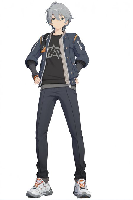 score_9, score_8_up, score_7_up, score_anime, 8k, best quality, masterpiece, (ultra-detailed), (white background:1.2), solo, hands on hip, (full body:1.1), looking at viewer, 
<lora:zzzstyle-pony-Tanger:0.8>,zhe, zhe's def clothes, zzz style, 1boy, jacket, sneakers, grey hair, shoes, pants