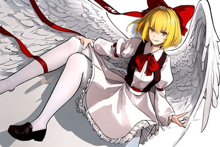 solo_focus, 1girl, ((white background, simple background)):2, (((masterpiece))), ((best quality)), ((ultra-detailed)), high resolution, absurdres, highres, ultra-detailed 8k unity wallpaper, 
solo, 1girl, gengetsu, 
arcueid_\(tsukihime\), 
solo, 1girl, smile, short_hair, shirt, breasts, blonde_hair, bow, long_sleeves, skirt, ribbon, dress, yellow_eyes, hair_bow, thighs, collared_shirt, red_bow, wings, vest, bowtie, black_pantyhose, red_vest, pink_shirt, red_bowtie, feathered_wings, pink_dress, open_vest, white_shirt_white_skirt, white_shoes, blonde_short_hair, red_head_bow_ribbon, one_piece_head_bow_ribbon, bow_ribbon, white_angel_wings, white_drees, brown_vest, wear_outside, twin_wings,