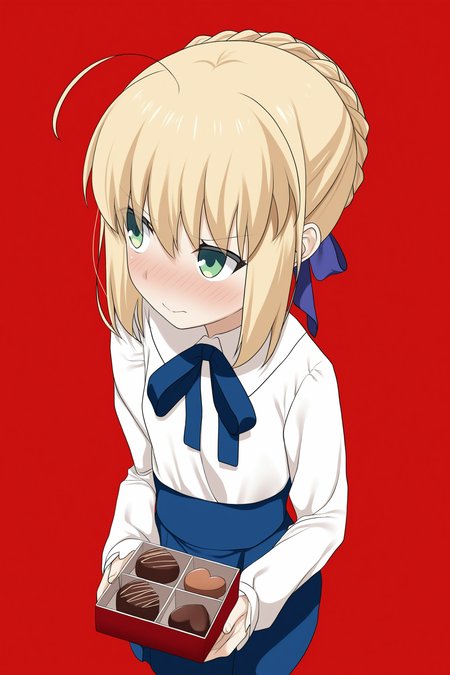 fate \(series\), fate/stay night, saber \(fate\), 1girl, ahoge, blonde hair, green eyes, blouse, blue bow, blue skirt, bow, bowl, braid, braided bun, bun with braided base, hair bow, hair bun, shirt, skirt, solo, white shirt, simple background, red background, looking to the side, closed mouth, blush, embarrassed, (upper body), valentine, happy valentine, box of chocolates, incoming gift, from above, close-up, 
gaou \(babel\), (shiina excel, mochitsuki kagami:1.15), 
(masterpiece, best quality, absurdres, highres, newest, very awa:1.2), 