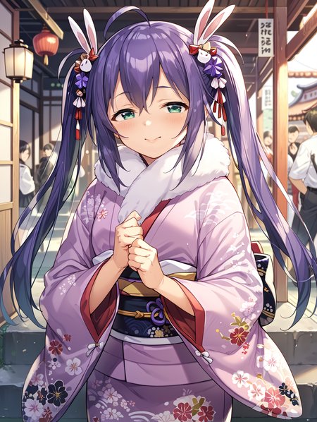score_9,score_8_up,score_7_up,
official art,official style,game cg,megami magazine,
uncensored,
1girl,solo,
mochizuki anna,purple hair,green eyes,ahoge,twintails, 
japanese clothes,obi,obijime,obiage,kimono,fur-trimmed kimono,fur trim,
<lora:idolmaster_mochizuki_anna_pony_v1:1>,