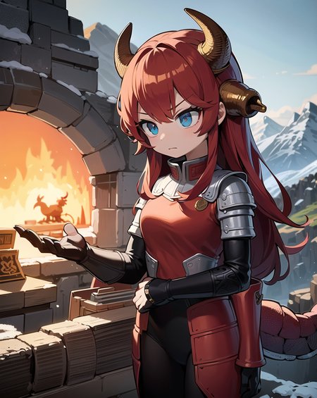 masterpiece, best quality, ultra-detailed, illustration, epic lighting, cinematic composition, colorful, (1girl, solo:1.2), cute, red hair, blue eyes, dragon horns, dragon tail, powerful, power, armor, warrior, nordic, epic, outdoors, snow, mountains, pine tree, (extremely detailed CG:1.2), (8k:1.1)