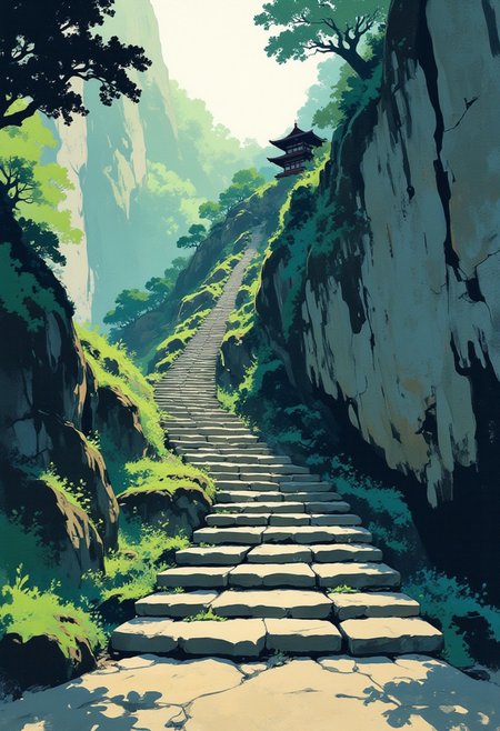 A wide shot painting, executed in a simple, impressionistic style with visible brush strokes, captures the serene beauty of a path leading to an ancient Japanese temple.  The perspective emphasizes the long, gradual ascent of the stairs, carved into the side of a rugged cliff face.  The weathered stone steps, softened by time and moss, blend seamlessly with the natural surroundings.  A fertile forest, teeming with lush greenery, blankets the slopes on either side of the stairway, hinting at the tranquility and seclusion of the temple nestled within its embrace.  The color palette is likely muted and earthy, reflecting the natural harmony of the scene, with perhaps hints of vibrant green foliage and the subtle greys and browns of the rock and temple structures.  The brushstrokes are loose and expressive, capturing the essence of the landscape rather than focusing on precise details.  The overall effect is one of quiet contemplation, a sense of peace and reverence evoked by the combination of the ancient temple, the natural beauty of the forest, and the simple, evocative artistic style.  The viewer is invited to imagine the journey up those steps, towards a place of spiritual significance, surrounded by the tranquility of nature.
stylized illustration, brush strokes, sr3fmj, Anime, Niji, artipencil01