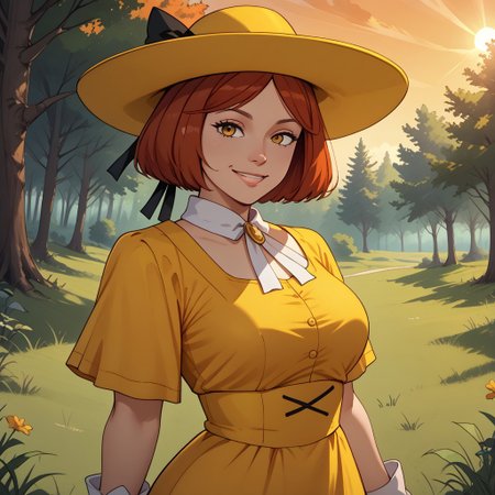 score_9, score_8, BREAK, 1girl, solo, Madeline, yellow hat with a black hair bow, yellow dress, white gloves, red hair, adult female, mature female, breasts, sexy pose, self portrait, smile, outdoors, sunlight, shadows, evening lighting, natural lighting, forest, trees, grass, orange sky, sunset