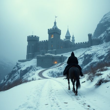 A gigantic big stones castle-fortress in the mountains on a snowy overcast winter day.  Castle dimly illuminated by fire.  The castle must be humongous in occupied floor surface, and have at least 7 towers.
The path to the castle must be visible and cleared of snow.
A strange looking figure dressed black is riding  a horse towards the castle.  Only one man, only one horse.
Sharp focus, studio photo, intricate details, highly detailed, by greg rutkowski