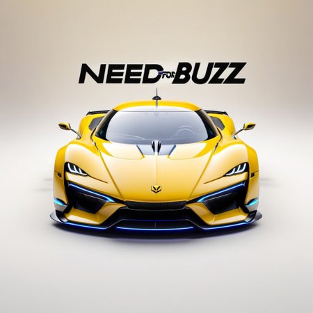 "Need for Buzz" text logo, front view of cyberpunk futuristic yellow hypercar, speed lines, blur, abstract, octane render, simple background <lora:dvr-ftl:0.8>