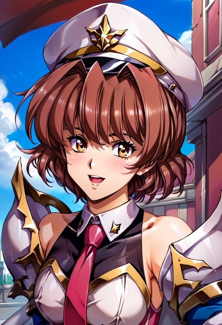 (score_9,score_8_up,score_7_up,source_anime,(masterpiece:1.2),best quality,very aesthetic,public indecency,absurdres),masterpiece,best quality,very aesthetic,absurdres,fantasy,1girl,solo, <lora:betty_p_v1:1>,b_y,ahoge,brown hair,brown eyes,short hair,,<lora:Fixhands_anime_bdsqlsz_V1:1>, blue jacket, black pants, red necktie, short necktie, peaked cap, emblem, military uniform, black gloves, half gloves, yellow shirt, double-breasted , open mouth, blush,light smile looking at viewer,(upper body, close-up,:1.3), outdoors,, masterpiece,best quality, very aesthetic, absurdres, ultra detailed, high resolution, 4k, extremely detailed CG,