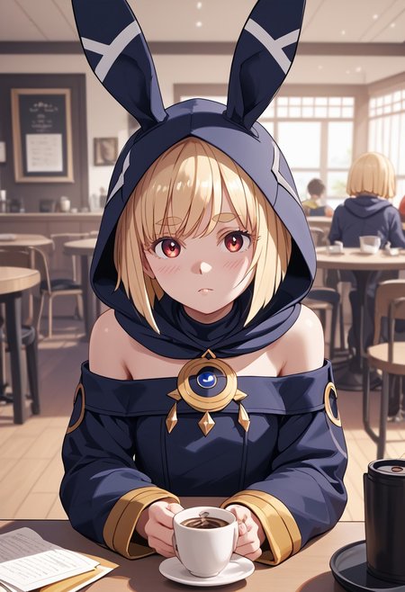 score_4,score_5,score_6,score_7_up,score_8_up,score_9 ((masterpiece,best quality,ultra detailed,highres,HD,4k:1.2)), 
1 adult girl, solo,solo focus,girl focus,face focus,
Layla,blonde hair,bangs,short hair,bob cut,sidelocks,thick eyebrows,red eyes,petite,
long sleeves,bare shoulders,hood up,rabbit hood,animal hood,sleeves past wrists,sleeves past fingers,dress,
indoor, cafe, pov date, across table pov, across table, Coffee on the table,sitting, 
looking at viewer,No expression, blush,