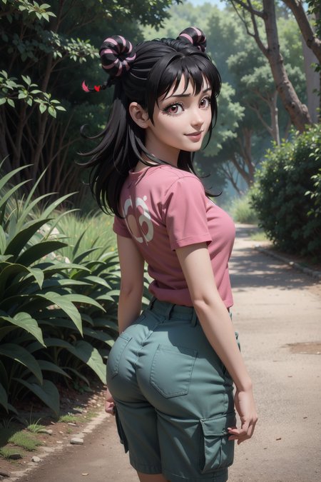 mahoro, 1girl, black hair, double bun, bangs, long hair, braid, pink eyes, two-tone hair,(black cargo shorts,red t-shirt), looking at viewer, cowboy shot,japanse forest,from behind, looking back,outdoors,smile,nature.small breasts,from above,ass,heart hair ornament,(Maya 3d render:1.05), (masterpiece:1.3), (hires, high resolution:1.3), subsurface scattering <lora:mahoro_v1_1:1>