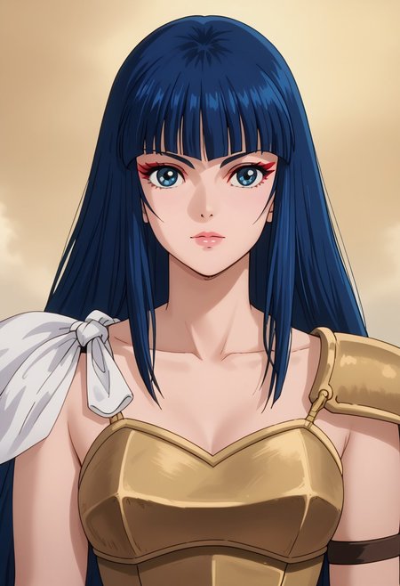 score_9, score_8_up, score_7_up, realistic, fine anime screencap_xl, anime screencap, ladykayura, kayura, ronin warriors, solo, 1girl, retro, blue hair, 1980s (style), bangs, long hair, blue eyes, portrait, makeup, armor, shoulder armor, gloves, swords