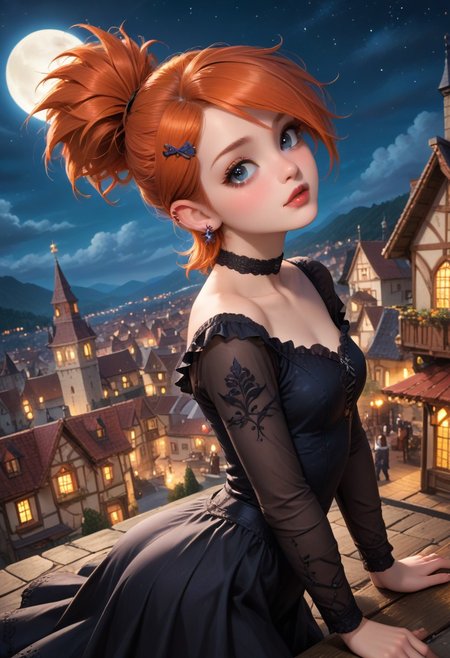 score_9, score_8_up, score_7_up, masterpiece, illustration, the best quality, ((solo)), 1girl, beautiful tender 18 years, lipstic, eyewear, small chest, small ass,
1 girl, 21+ years, 
frankiefoster
ponytail, hair ornament, orange hair,
earrings, black choker
 lipstick,
Luxurious, beautiful, gothic Black dress (lace, frills)
Night, stars, only one Moon, 
 on rooftop, on top of medieval town, night time,
dynamic angle, cowboy shot, dynamic pose, cute, realistic, wide shot,