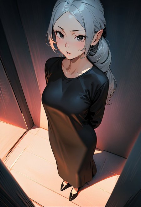 (graphic novel style, dark novel style:1.5),(anime), (masterpiece:1.4), (soft cinematic light:1.1), incredibly lifelike, Extremely high-resolution details, 8k, best quality,extremely detailed, contrast,
high tech design,
 gallery of contemporary art, inside, a old woman walking against the backdrop of a giant floor-to-ceiling window, through which one can see a city landscape with skyscrapers and a sunset ,fullbody, open mouth, ((elderly)) woman in a ((black long dress)) and black high-heeled shoes, elderly, old woman, [Nordic], Hourglass elongated body, Oval Face, Long neck, Rounded shoulders, long slim thin arms, Attached Pointed ears, round forehead, (gray Updo short combed back hair), snub nose, Arched eyebrows, Monolid black Eyes, High Round Narrow cheekbones, Hollow Cheeks, Rounded Chin, Rounded Jawline, thin Lips, (black eyes), (square glasses), Wrinkles and Fine Lines, a large white canvas at the wall,