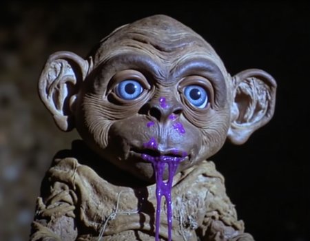 A photo where Nukie the knockoff alien has infected purple snot dripping out of his nostrils