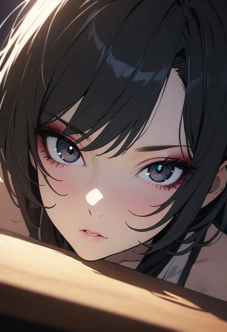 1woman, solo, villainess, 1woman, pale skin, black eyes, bob hair, black hair, evil look, big breasts, cinematic, (masterpiece), (best quality), (ultra-detailed), very aesthetic, illustration, detailed eyes, perfect eyes, detailed face, (beautiful detailed face, beautiful detailed eyes) ,extreme details eyes masterpiece, best quality, amazing quality, very aesthetic, (flat colors:1), (Artist:ilya kuvshinov:1), (Artitst: incase0.65), 1MILF, open eyes, (motion lines:0.3), (motion blur:0.3), mature female, , BREAK dynamic light, warm_light, vibrant colors warm_colors, soft focus, high contrast, textured surfaces, depth of field, golden hour lighting, dramatic shadows, rich details, nature-inspired color palette, BREAK
(face focus, close-up:1.6), eyeshadow, messy hair, dutch angle, chair, (white tanktop, black hoodie,  bare shoulders), denim shorts, pantyhose, indoors, computer desk, sitting behind desk, night, desk light,  relaxed, bedroom, looking at viewer,