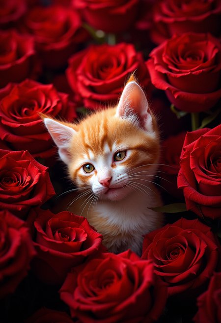 A close-up of a small, light-orange and white kitten partially hidden among dense, deep red roses. The kitten is positioned centrally, with its head slightly tilted and one eye closed in a playful wink. Its fur is soft and fluffy, with the light catching subtly on the edges, adding depth and texture. The roses around the kitten are fully bloomed, with rich, velvety petals in various shades of red, and a few with hints of black shadows. The scene is warmly lit, enhancing the luxurious texture of the roses and the softness of the kitten's fur. The background is entirely filled with the roses, with no visible gaps, creating a lush, almost surreal environment. The atmosphere is cozy and intimate, with a gentle, warm light that highlights the kitten's face and the rich color of the roses, emphasizing the contrast between the soft kitten and the vibrant, dense roses.  <lora:FluxMythP0rtr4itStyle:0.8> MythP0rt,