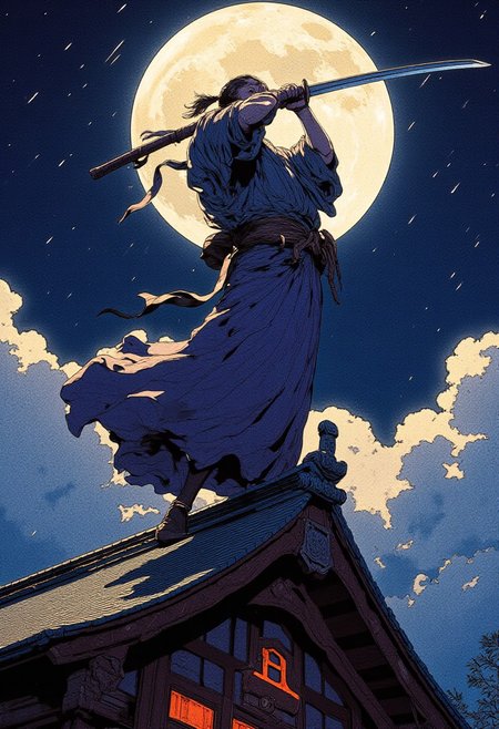A of a man in a kimono swinging a katana above his head on the top of a roof. Japanese architecture. Night. Moonlight. Cresent moon. Stars. Detailed background. Clouds
Cinematic lighting, volumetric lighting, 8k quality