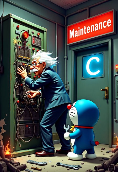 Art Style: Americana, dramatic lighting, isolated figures, psychological nuance.
Description: In a chaotic high-tech lab, two iconic figures tackle a malfunctioning system. The room is cluttered with broken tools, tangled cables, and flashing warning lights. A blue "C" symbol is prominently displayed on a nearby wall.
Albert Einstein: In his classic suit, Einstein frantically adjusts a tangle of wires on a vintage control panel. His face reflects intense concentration and frustration, with sparks flying from the panel.
Doraemon: Relatively short, Doraemon stands nearby holding a wrench. He watches Einstein with a supportive expression, ready to help if needed.
Background: The scene includes broken tools scattered around, a large red "Maintenance" sign overhead, and small fires and smoke adding to the chaotic atmosphere.
