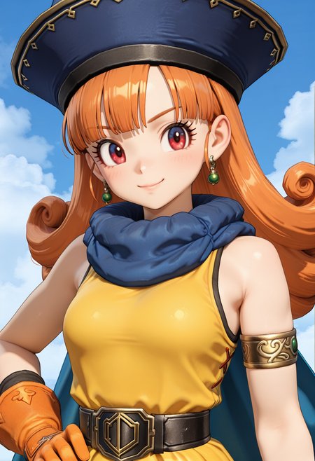 masterpiece, best quality, very aesthetic, absurdres, 1girl, solo,
<lora:dqh2_alena_v01:0.7>, dqh2_alena, orange hair, long hair, curly hair, red eyes,
hat, earrings, blue cape, yellow dress, sleeveless, single armlet, orange gloves, belt, smile, hand on own hip