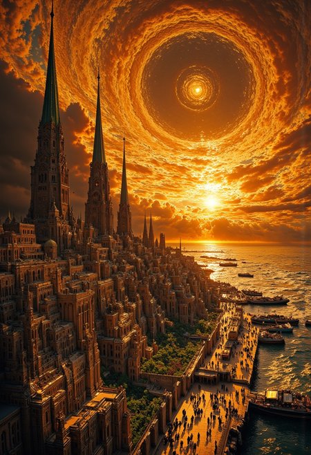 « The city now appeared, and never had it seemed more magnificent, with spires catching the light of sunset. »