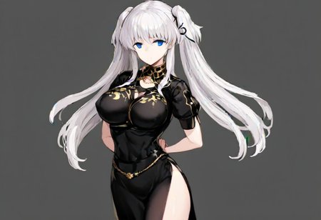 white hair, very long twintail, blunt bangs, long side bangs, blue eyes, empty eyes, gold torc, black hair strap, black nao costume with a white flower drawn on the chest, right side slit, black stockings, waist strap, 
masterpiece, best quality, very aesthetic, absurdres, 1milf, 1adult, solo, full_body, tachi-e,