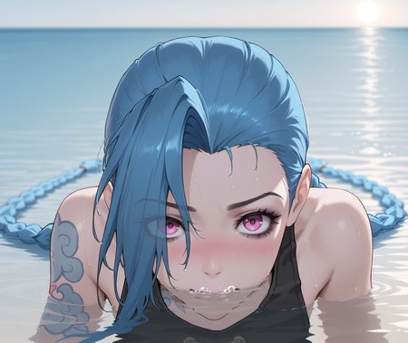 highres, hi res, best quality, masterpiece, 2d, intricate details, 4k, anime coloring, shaded, shadow, countershading,
1girl, solo, female, eyelashes, nose, nose blush, blue hair, braid, long braid, long hair, pink eyes, tattoo, twin braids, very long hair, jinx \(league of legends\), arcane jinx,
depth of field, looking at viewer, water, partially submerged, mouth under water, shoulders under water, horizon, <lora:Mouth_under_Water_ILXL:1>
