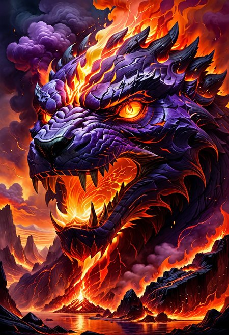 In the chaotic and fiery landscape, the fire elemental stands tall, its form a mass of orange and red energy.  The sky above is a deep shade of purple, reflecting the intense heat of the inferno, and streaked with wisps of smoke and steam. The air is thick with the smell of burning rock and sulfur, and the sound of crackling flames and hissing lava fills the air, drowning out all other sounds. The fire elemental's presence is felt as a palpable force, its power over the fire and lava inescapable and awe-inspiring.