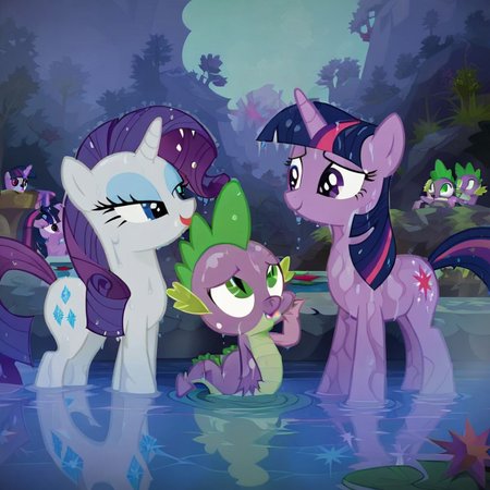 (masterpiece, score_9, score_8_up, score_7_up:0.8), rarity, twilight sparkle, spike, mff threesome, vector, flat colors, detailed background, outdoors, pond, ankle deep water, late evening, wet skin, wet, bathing, Twilight Rarity and Spike Together