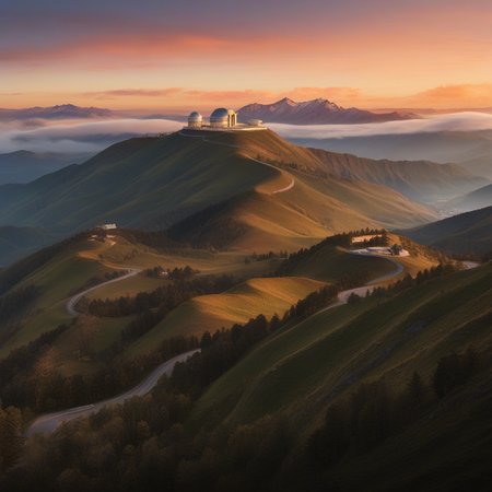 undulating curves, occupying the right side of the image, warm light that suggests the image was captured at sunrise or sunset, mountainous landscape. The observatory buildings are situated on a steep, in the center of the image, casting long, This image is a digital painting or photograph showcasing a breathtaking mountain landscape at dawn or dusk, fluffy clouds scattered throughout