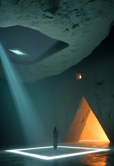 A science fiction scene depicts a vast underground chamber dominated by a massive diamond-shaped window structure with geometric triangle-pattern beams, emitting bright white light from above. The chamber features rough, curved cave walls contrasting with the architectural precision of the window. A solitary silhouetted figure stands centered on a reflective floor surface, while warm orange-lit posts line a path through the space. The scene is rendered in photorealistic with volumetric lighting effects, creating a dramatic atmosphere through the interplay of natural and artificial elements. bright white LED strips that create a geometric pattern against the dark teal sky. Dense fog permeates the scene, partially obscuring a distant building with lit windows. Dark silhouettes of trees frame the composition, while the cool color palette and artificial lighting create a moody, noir atmosphere.