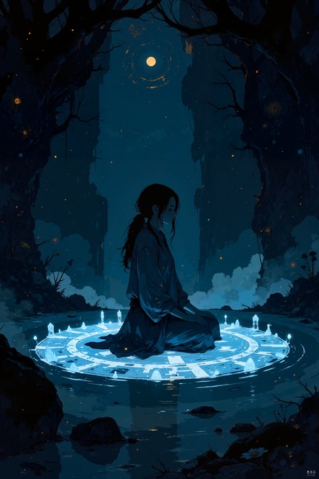 In a cavern illuminated only by the soft glow of countless crystals, a solitary figure with shimmering, deep-blue skin meditates in the center of a glowing, rune-carved circle. Their eyes, bright as starlight, are closed in deep concentration, while their long, braided hair floats gently around them, unaffected by the pull of gravity. The crystals, growing from the walls and ceiling like jagged teeth, pulse in time with the figureâs breathing, their light casting soft shadows across the smooth stone floor. The air in the cavern is cool and still, save for the occasional ripple of energy that passes through the circle, causing the runes to flare briefly with golden light. The distant sound of dripping water echoes softly, creating a tranquil harmony that blends with the soft hum of the crystals. Above, the ceiling is dotted with tiny, glowing insects that flit lazily through the air, their light adding to the otherworldly ambiance of the scene. The figureâs hands rest lightly on their knees, their fingers glowing faintly as they channel the ancient energy of the earth. The scene is one of deep, meditative peace, where magic and nature exist in perfect, delicate balance.  Fantastic lighting. Detailed shadows.intricate details, vivid colors, hyper-detailed, ultra-sharp <lora:Blue_Future:0.2><lora:Ethereal_Brush_Anime_v1.0:0.6><lora:Dark_and_sentimental v1.0:0.6><lora:It's a LoRA for portraits, BUT! actually specialized in backgrounds. v1.0:0.3>