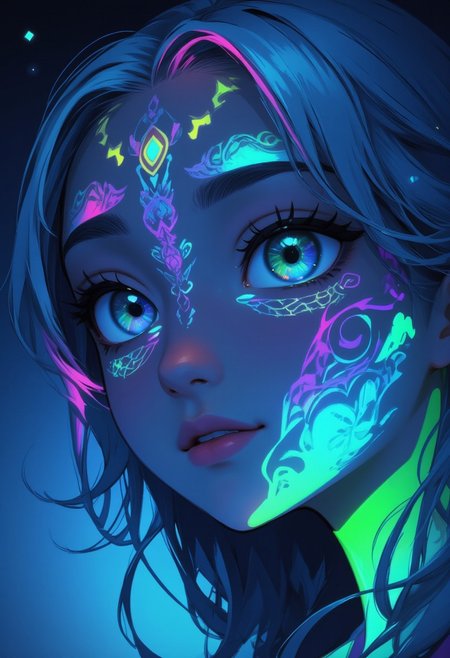 Create a close-up image of a fantasy elf’s face. Her skin glows with a soft, ethereal light and is adorned with neon tattoos that cover her face in intricate patterns. The tattoos emit a magical glow that illuminates her delicate features. Her eyes are large and bright, subtly changing between shades of blue and green, as if holding an ocean within them. Her long, silver hair frames her face, adding a touch of magic to the scene. The background features a starry sky that enhances the dreamy atmosphere , fantasy art, detail eyes, magic eyes, de01, fca_style