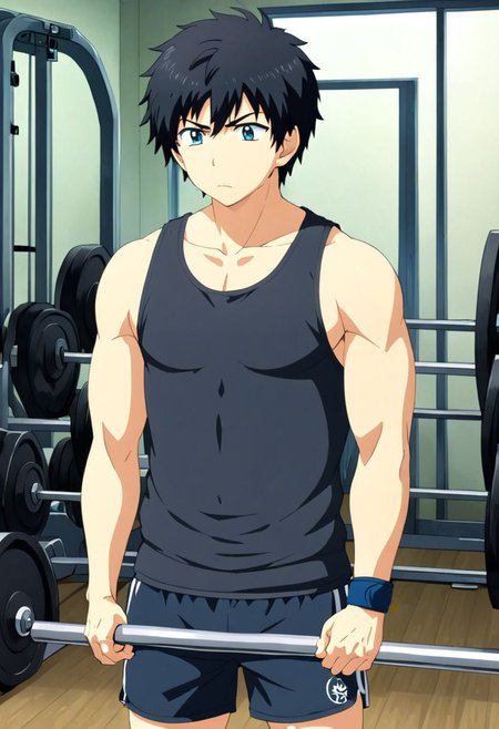 high resolution, solo, best quality, 1Boy, Arata Kaizaki, Black Hair, Gym , tank top, shorts, exercise, sixpack, gym, OverallDetail