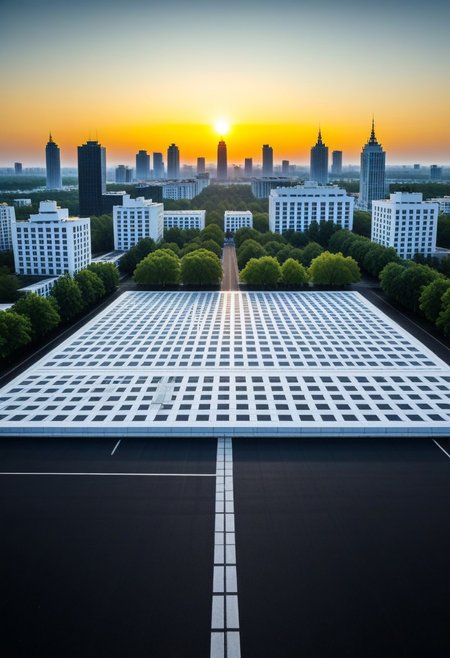 a huge empty asphalt square in the distance one can see massive but not tall rectangular white buildings with narrow black windows, nearby there are smaller rectangular buildings made of brick with square windows and a concrete canopy on the roof, next to them there are not tall trees, a white rectangular building with white edging and large windows, near the buildings you can also see small brick extensions without windows, just in the distance and as if in miniature you can see rectangular buildings with wide large rectangular black windows and white buildings lower but wide with very small black square windows, next to different rare trees are visible behind the buildings, behind all the buildings the yellow sun rises, but it does not dazzle and seems to be in a haze, but all this is as if in the distance and creates the opportunity to examine it all as a whole, and the viewer stands in the middle of perfectly smooth asphalt