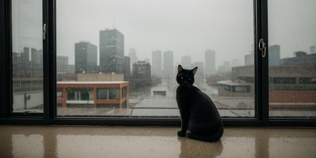 photo of a sad lonely cat at home, featuring a siamese cat perched on a windowsill, gazing wistfully out at the rainy landscape beyond. The important feature of the image is the cat's forlorn expression, framed by streaks of raindrops on the window pane. More details include the cat's sleek fur and the blurred outlines of city buildings in the background, adding to the sense of urban isolation. The pose of the cat is stoic yet contemplative, as if lost in thought. Shot framing is wide, capturing both the cat and the rainy cityscape to evoke a sense of longing and solitude. The setting/background is a dimly lit room with muted colors, contrasting with the vibrant hues of the outside world. Under soft, natural lighting with a hint of gray, the effect enhances the mood of melancholy and introspection. Shot from a high angle using a Canon EOS 5D Mark IV, the camera captures the cat's perspective as it gazes out into the rainy day. In the style of fine art photographer Gregory Crewdson, the image explores themes of loneliness and alienation in the modern urban environment