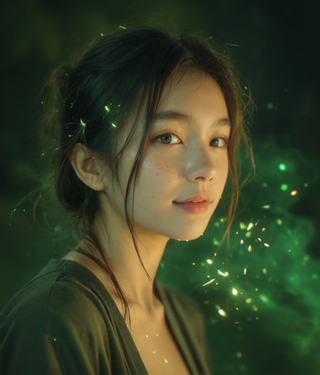 (score_9,score_8_up,score_7_up),
photorealistic, photography, depth of field, immersive lighting, cinematic,
Japanese, asian, monolid, looking at viewer,
sparks green smoke, green theme,