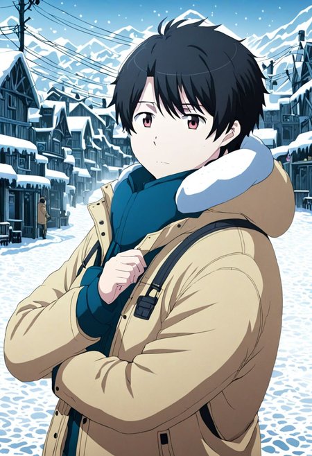 high resolution, solo, best quality, 1Boy, Inaho Kaizuka, Black Hair, chilling, snow town, winter jacket, OverallDetail