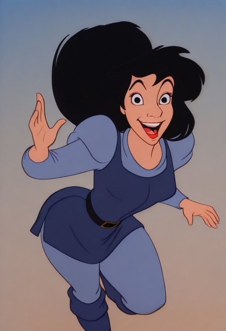 DukeIgthorn, retro artstyle, solo, black hair, long hair, black eyes, light blue sleeves, long sleeves, light blue pants, blue tunic, dark blue boots, black buckle belt, smile, open mouth, masterpiece, best quality, sensitive, 1girl, solo, looking at viewer, (dynamic pose:1.4), female body, genderswap (mtf), genderswap, ,, retro artstyle, gender transformation