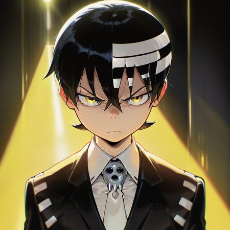 masterpiece, best quality, amazing quality, very aesthetic, absurdres,  newest, volumetric lighting,
souleaterstyle,death the kid,
solo,black hair,1boy,yellow eyes,male focus,necktie,frown,formal,suit
,masterpiece, best quality, amazing quality, very aesthetic, absurdres,  newest, volumetric lighting,
, <lora:soul_eater_illustrious:0.8>,