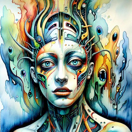 surreal, expressive,biomorphed,hybrid,transsapien,with((( an expression of awe))),,watercolour,primary but complimentary  colours ,epic futuristic masterpiece, 8k , keep all of figure in frame