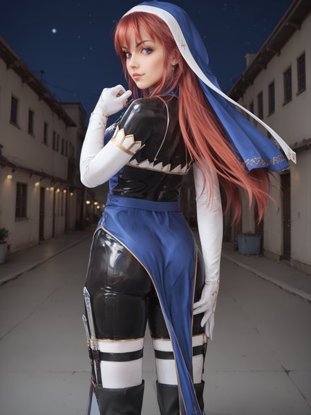 score_9, score_8_up, score_7_up, score_6_up, score_5_up,realistic, BREAK
1girl, battleNun  , interesting pose, red hair, blue eyes, red hair, , cross necklace, habit, , <lora:battleNunPony:1>, adult, ass, in a neon lit street at night,