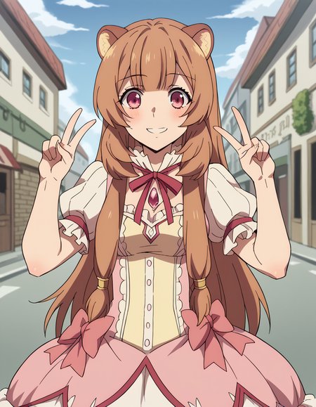 score_9, score_8_up, score_7_up, source_anime, <lora:raphtalia-s3-ponyxl-lora-nochekaiser:1>, raphtalia, long hair, bangs, brown hair, animal ears, raccoon ears, raccoon tail, raccoon girl, pink eyes, medium breasts,, <lora:kaname-madoka-cosplay-ponyxl-lora-nochekaiser:1>, kanamemadokacosplay, kaname madoka (cosplay), chest jewel, dress, frilled dress, frills, magical girl, neck ribbon, pink dress, puffy short sleeves, puffy sleeves,, outdoors, streets, smile, blush, v, v over eye, , dutch angle, cowboy shot